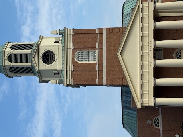 closer up view of Wait Chapel with the clock face missing