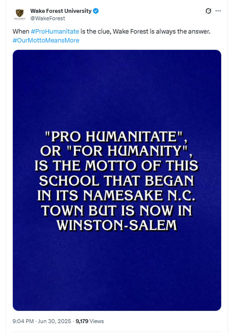 Wake Forest appeared as an answer on Jeopardy 6.30.25