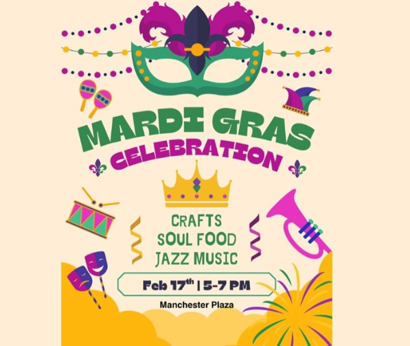 flyer for Mardi Gras party 2/17/26 from 5-7 pm on Manchester Plaza