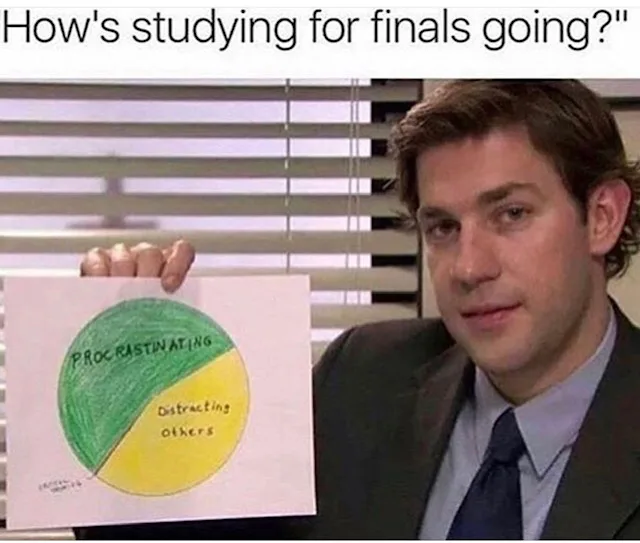 Jim Halpert from the office sharing a chart on finals studying (it's mostly procrastination)