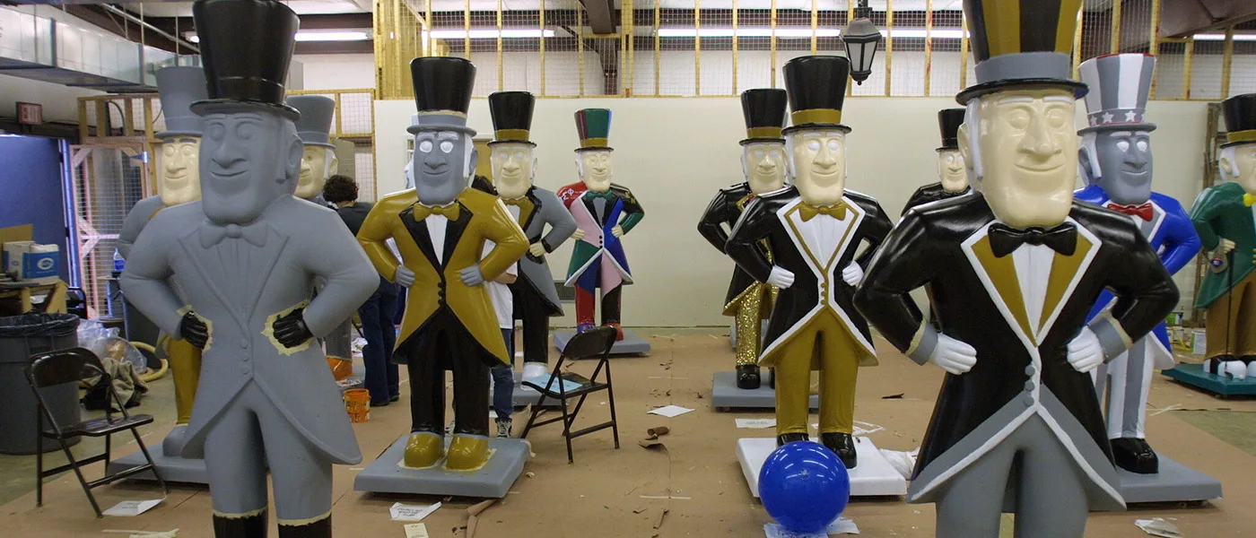 Seven-foot-tall Demon Deacons await the final touches as they get ready for the Deacs on Parade to kick off the Wake Forest University capital campaign. (WFU/Ken Bennett)