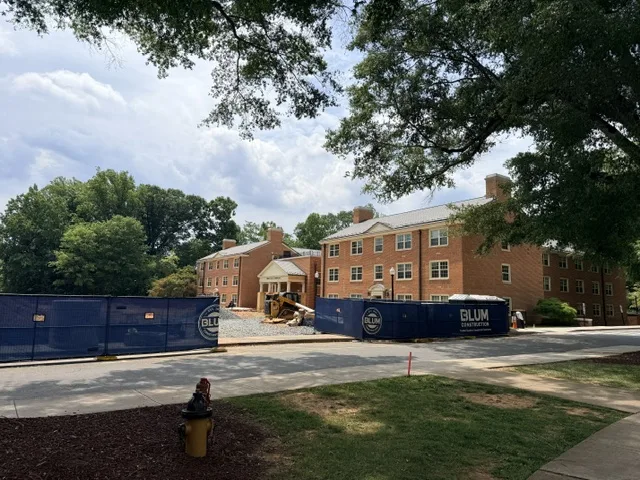 A view towards Luter Hall as construction of the courtyard continues