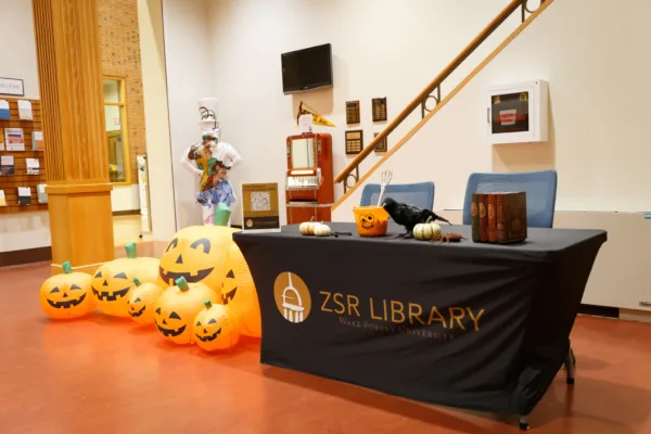 The Mucha Deacon resides in the lobby of the ZSR Library across from the Circulation desk