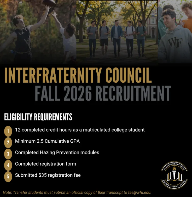 Flyer on Fall 2026 fraternity recruitment for sophomores-seniors (but not first year students)