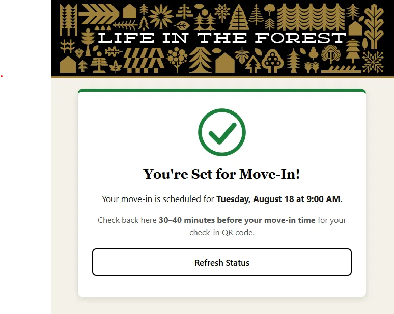 Move In Status screen that shows a green check and that the student is all set for move-in