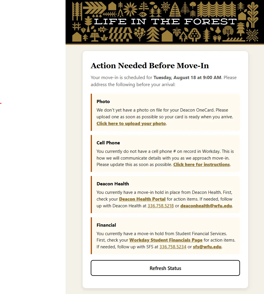 Move-In status page screenshot that shows a student is NOT cleared to move in, and shows the specific actions they need to take to get cleared to move in