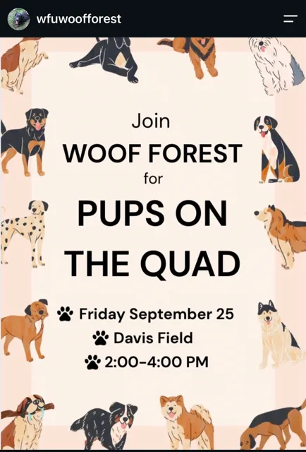 Woof Forest is bringing Puppies on the Quad to Davis Field on Friday 9/25 from 2-4 p.m.