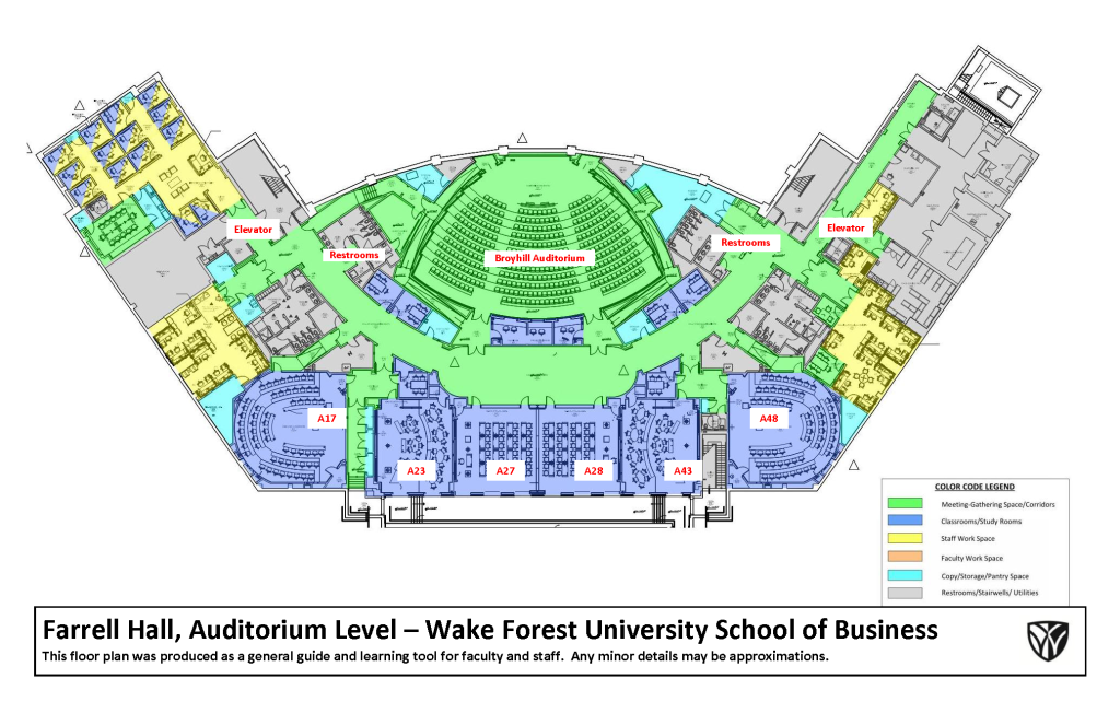 Graphic floor plan of Farrell Hall, Auditorium Level. Contact wiseconference@wfu.edu for detailed guidance.