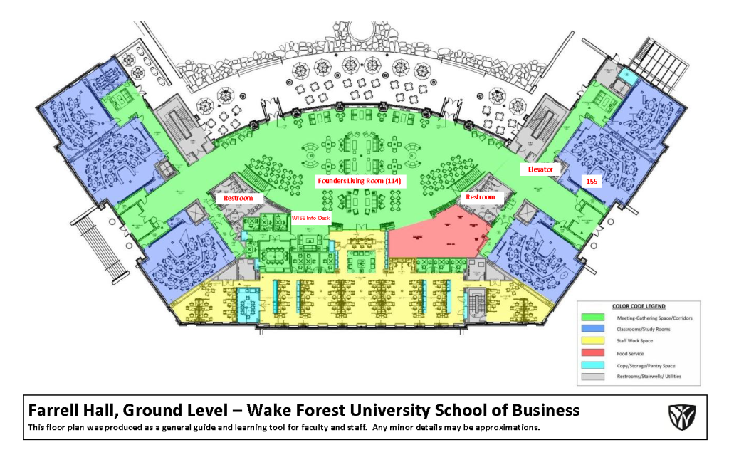 Graphic floor plan of Farrell Hall, Ground Level. Contact wiseconference@wfu.edu for detailed guidance.
