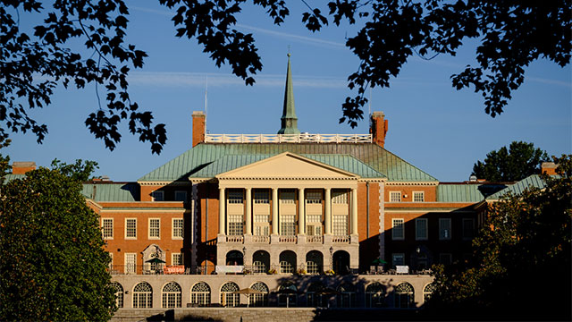 A view of Reynolda Hall illuminated by the early morning sun on the campus of Wake Forest University