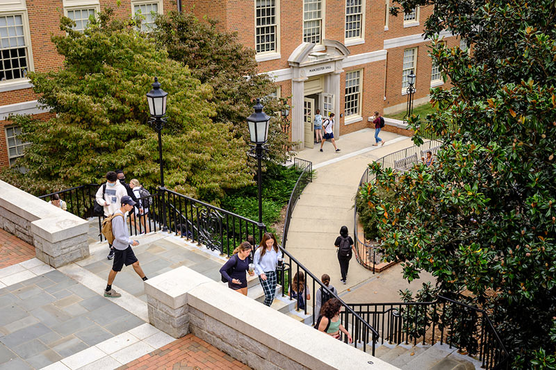 Student Financial Aid: Wake Forest students walk to class on Manchester Plaza in front of Manchester Hall.