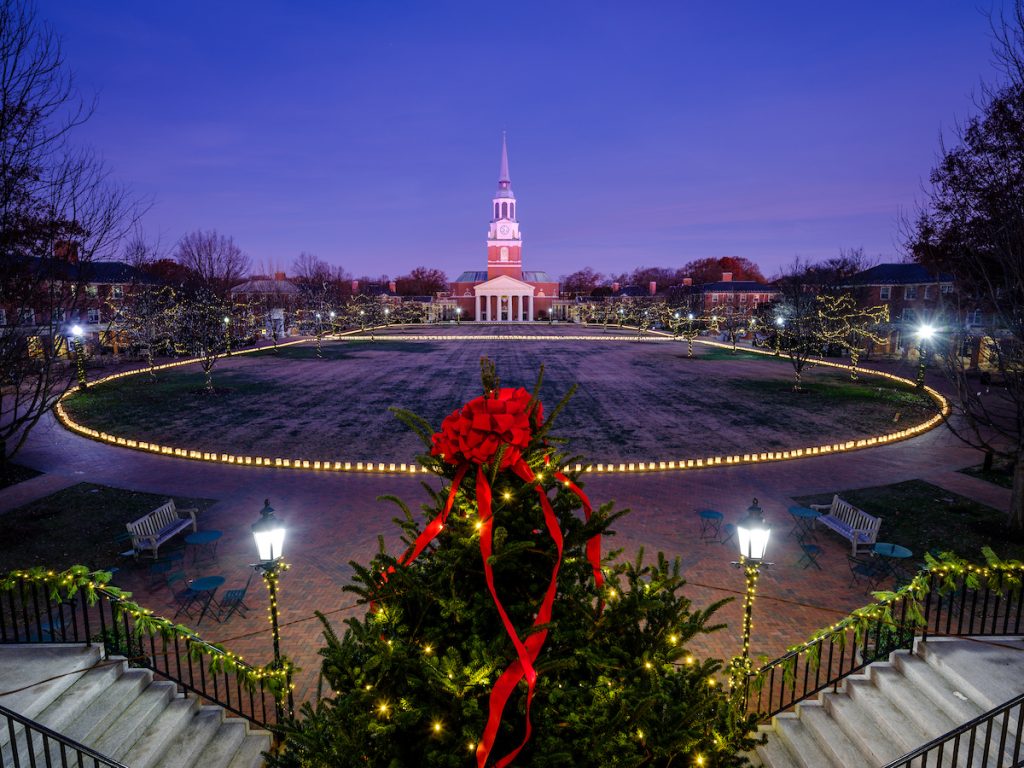 Luminaries line Hearn Plaza on the campus of Wake Forest University