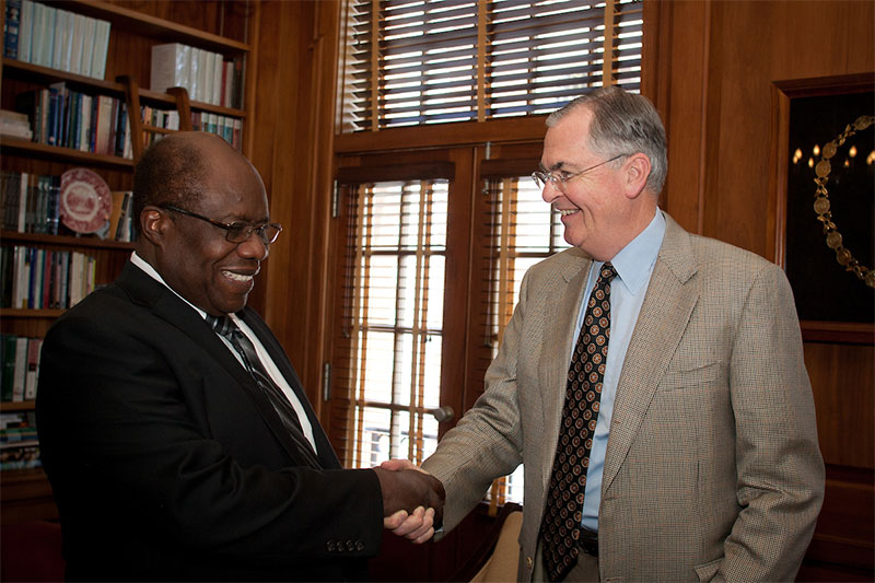 Wake Forest University President Nathan O. Hatch greets Dr. Ed Reynolds, the first student of color to attend Wake Forest in 1962, on Thursday, September 20, 2012.