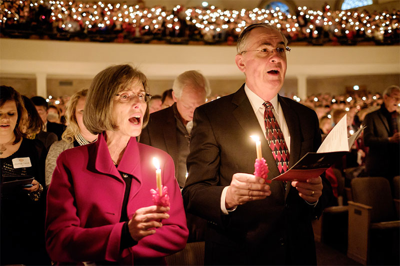Wake Forest University hosts its 50th annual Lovefeast service in Wait Chapel on Sunday, December 7, 2014. President Nathan O. Hatch and his wife, Julie, attend the service.