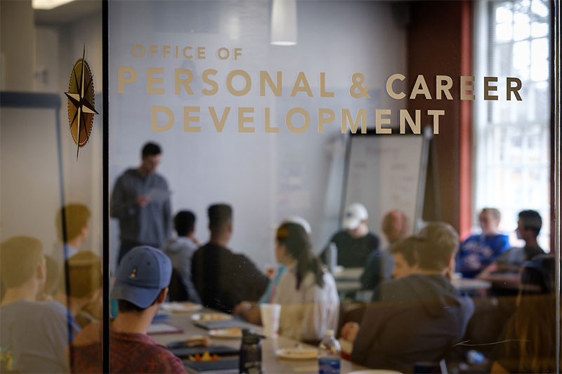 Students in Wake Forest professor Heidi Robinson's career class give their final presentations inside the Innovation Station in the Office of Personal and Career Development on the campus of Wake Forest University.