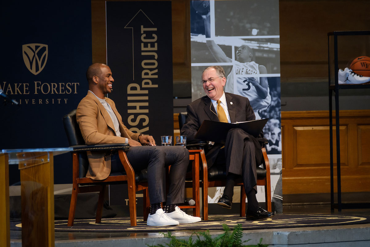 NBA basketball player Chris Paul visits Wake Forest, which he attended for two years, to talk about leadership as part of the Leadership Project with President Nathan O. Hatch, in Wait Chapel on Wednesday, September 13, 2017.