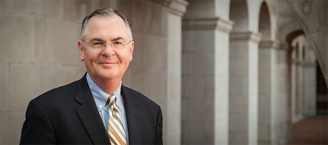 Wake Forest President Nathan O. Hatch outside his office in Reynolda Hall