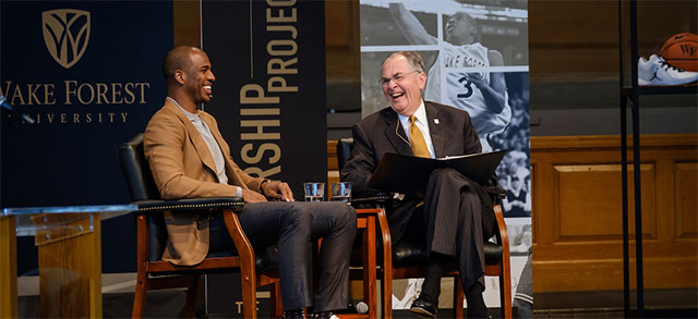 NBA basketball player Chris Paul visits Wake Forest, which he attended for two years, to talk about leadership as part of the Leadership Project with President Nathan O. Hatch, in Wait Chapel on Wednesday, September 13, 2017.