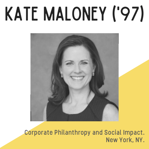 Kate Maloney headshot, text reads: corporate philanthropy and social impact, New York, NY