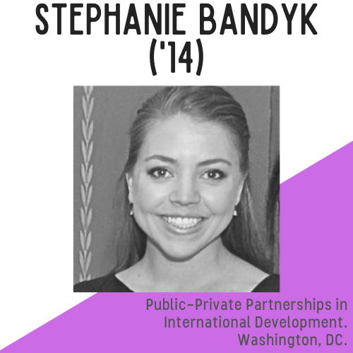 Stephanie Bandyk headshot, text reads: public-private partnerships in international development, washington dc
