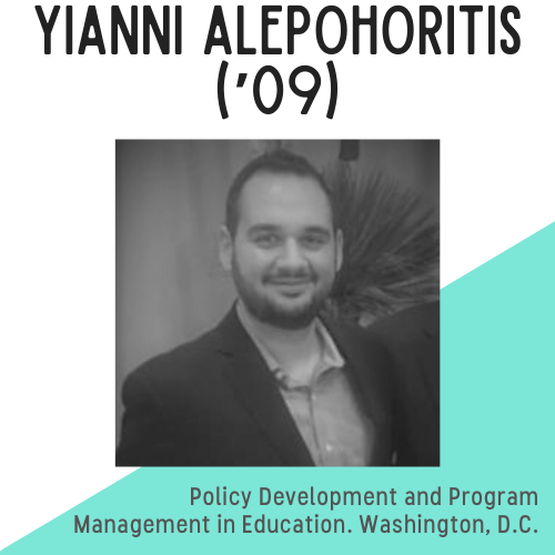 Yianni Alepohoritis headshot, text reads: policy development and program management in education, washington, dc