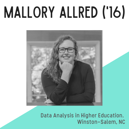Headshot of Mallory Allred who is smiling, with text that reads: data analytics in higher education