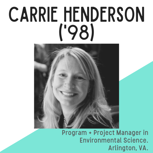 Headshot of Carrie Henderson, with text that reads: Program and project manager in Environmental Science, Arlington, VA.