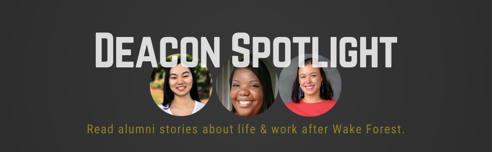 Black rectangle with circle headshots of three alumni