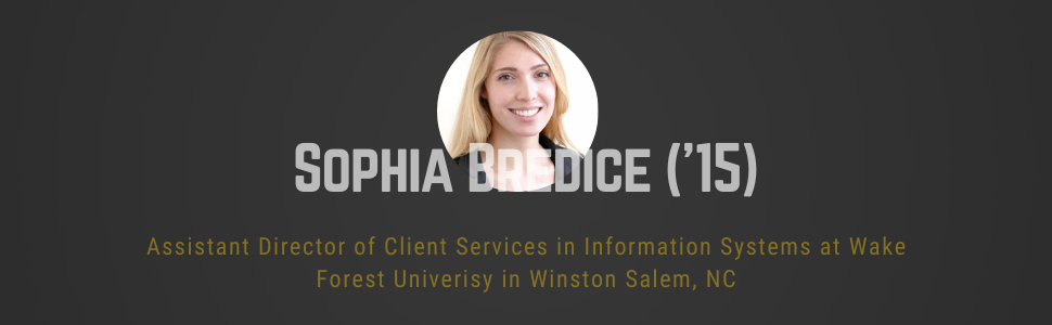 Black rectangle with circle headshot of Sophia Bredice