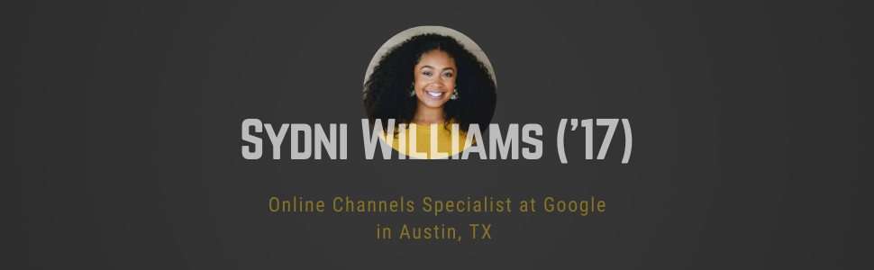 Black rectangle with circle headshot of Sydni Williams