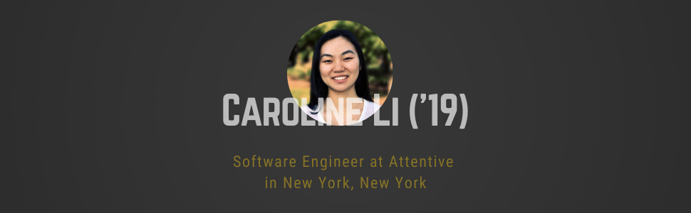 Black rectangle with circle headshot of Caroline Li