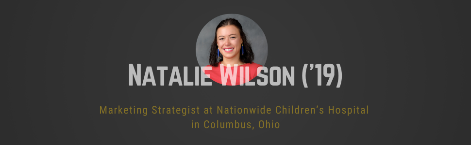 Black rectangle with circle headshot of Natalie Wilson