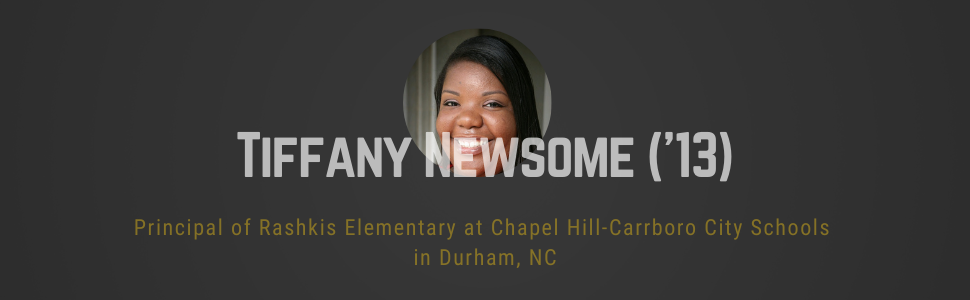 Black rectangle with circle headshot of Tiffany Newsome