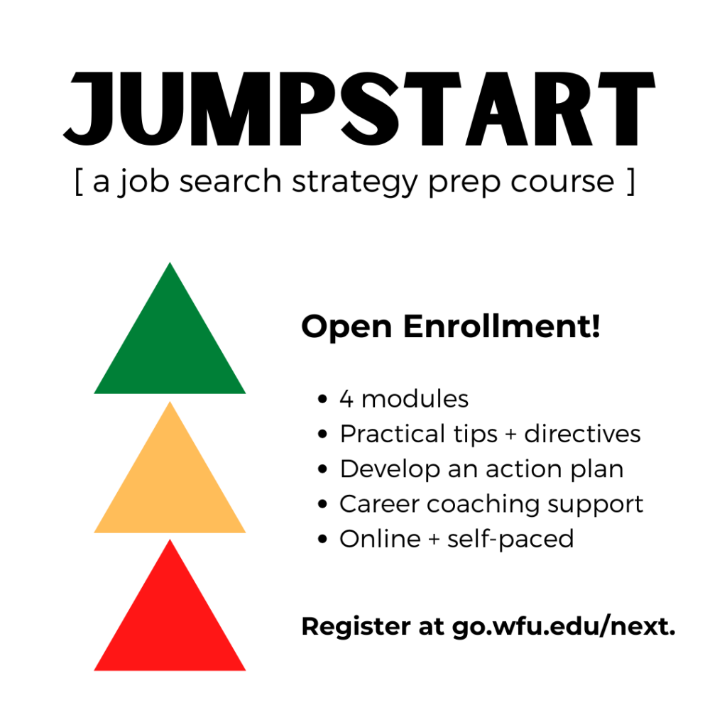 Jumpstart job search course with multicolored stacked triangle graphics