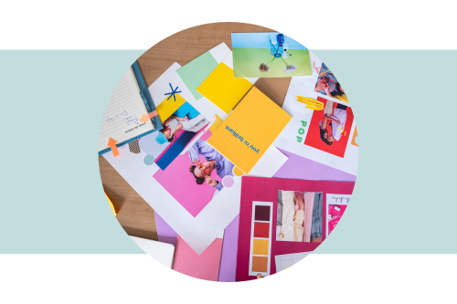 Desktop with colorful pictures and color swatches on it