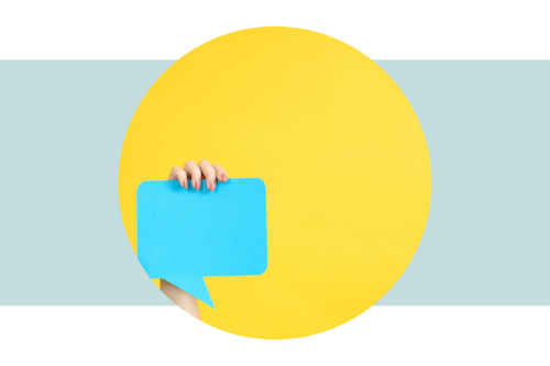 Yellow background with person's hand holding up a teal conversation bubble