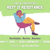 Event details for Alumni Book Discussion: Rest is Resistance on May 7, 2024 from 12-1:30pm ET.