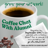 October Alumni Coffee Chat, register by September 27th to be paired with a fellow Deac for a casual 1:1 conversation