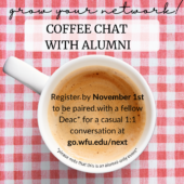 November Coffee Chat with Alumni, register by November 1st to be paired with a fellow Deac for a 1:1 casual conversation
