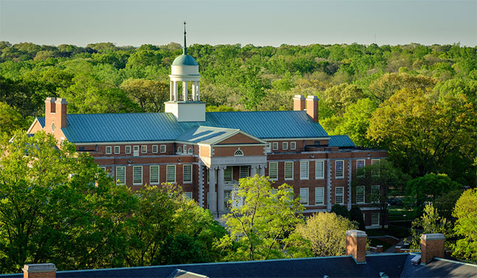 An aerial view of the Z. Smith Reynolds Library, on the campus of Wake Forest University