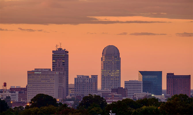 The skyline of Winston-Salem as seen at dawn