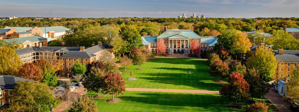 An aerial view of the Wake Forest campus