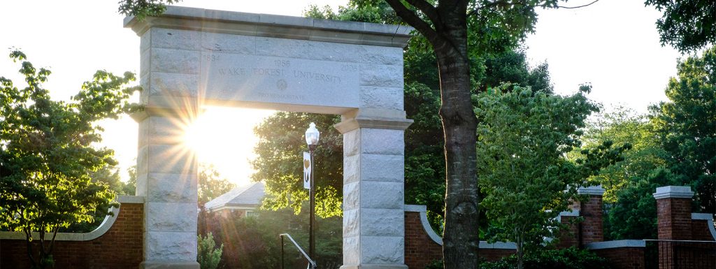 The stone arch to Hearn Plaza, on the campus of Wake Forest University