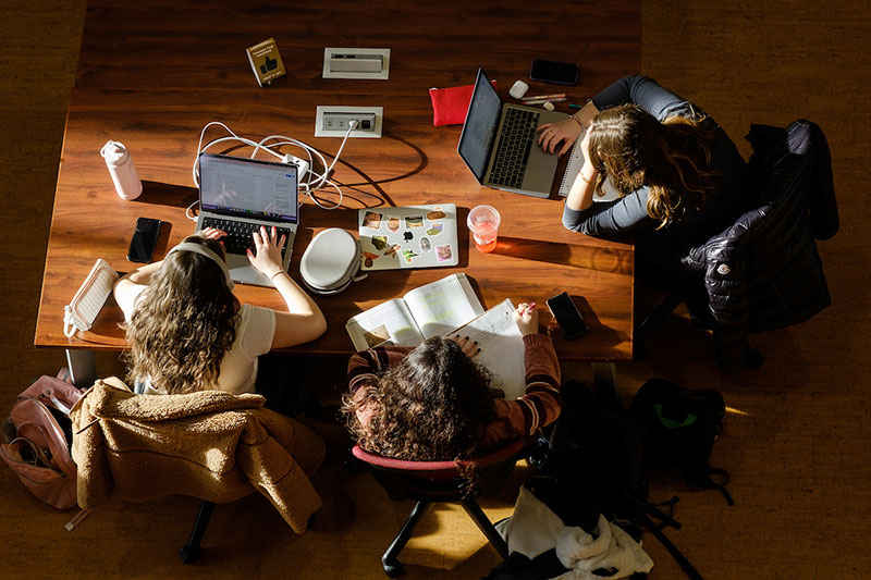 Students work in the atrium of the Z. Smith Reynolds Library, on the campus of Wake Forest University.