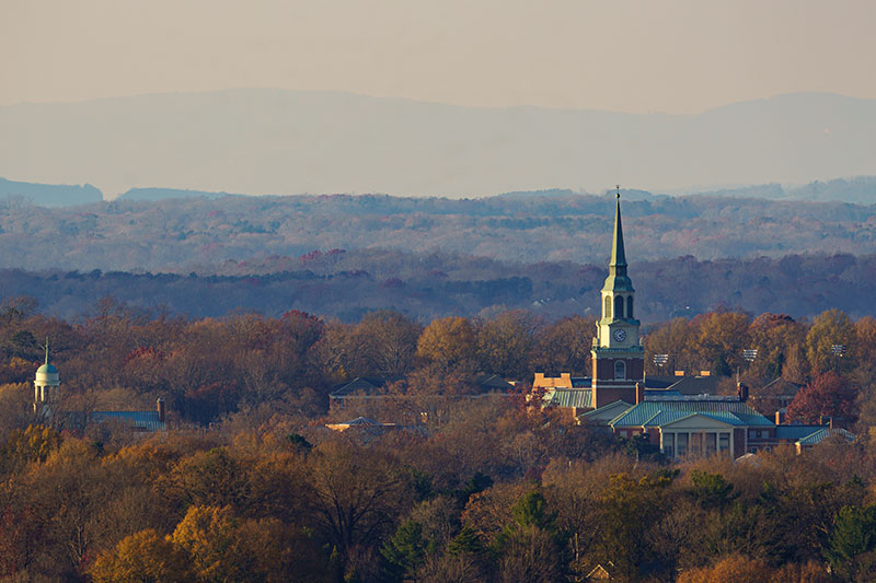 An aerial view of Wake Forest University in the fall.