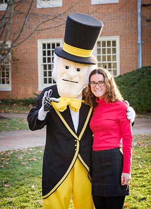 The Demon Deacon poses for photos on the quad.