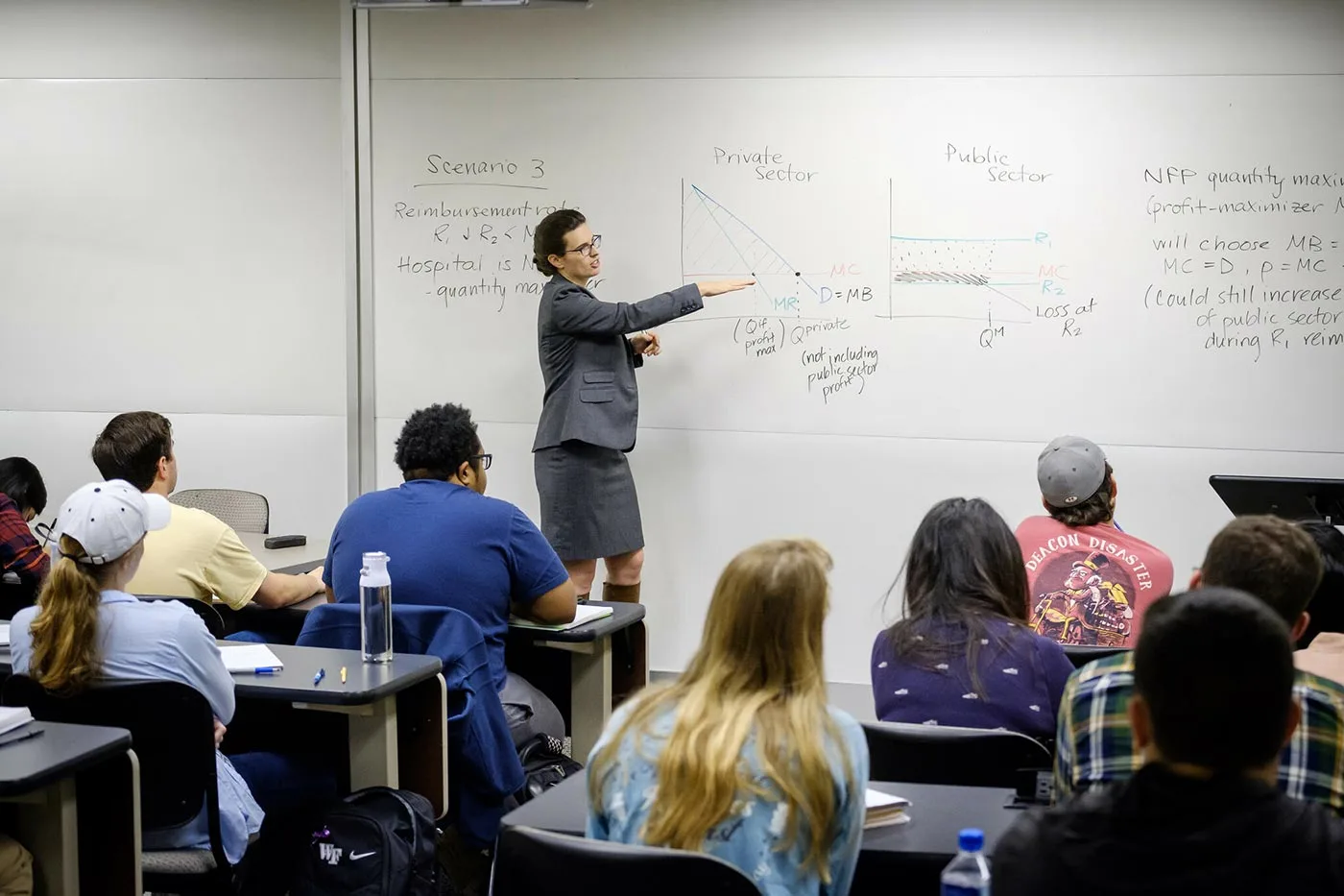 Students attend a health economics class in Kirby Hall.