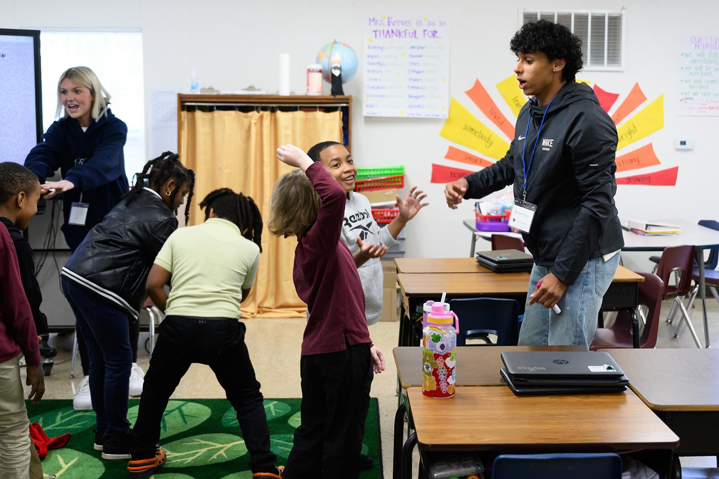 Wake Forest University students teach elementary school students as part of the Theater in Education program.