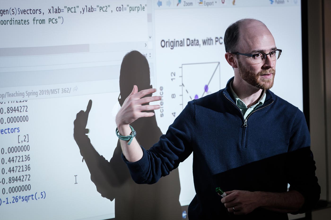 Wake Forest professor Rob Erhardt teaches statistical analysis using eigenvectors in his class.