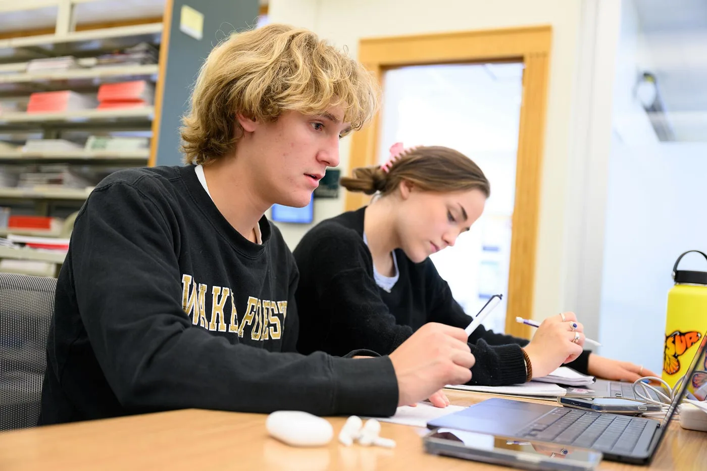 Freshman finance majors study together at the Z. Smith Reynolds Library.